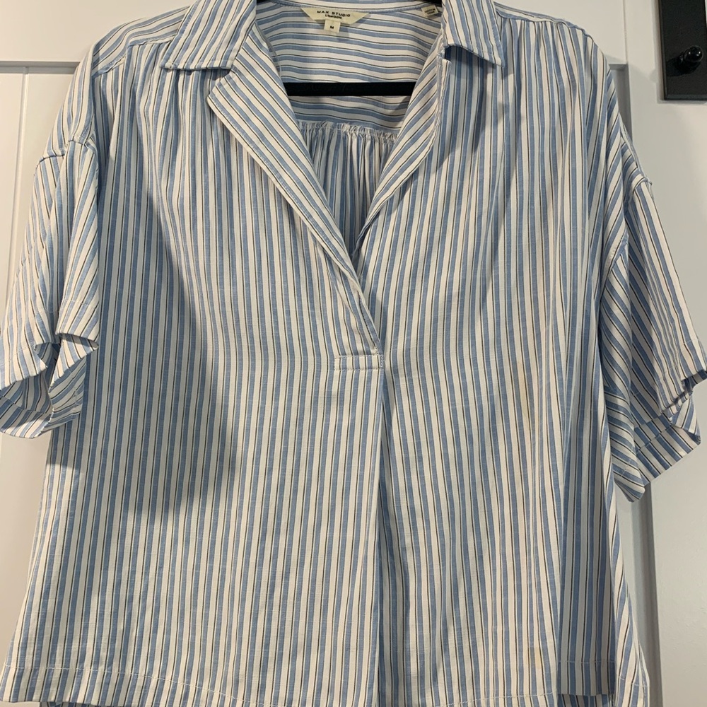 Max Studio Blue & White Vertical Stripe Short-Sleeve Popover